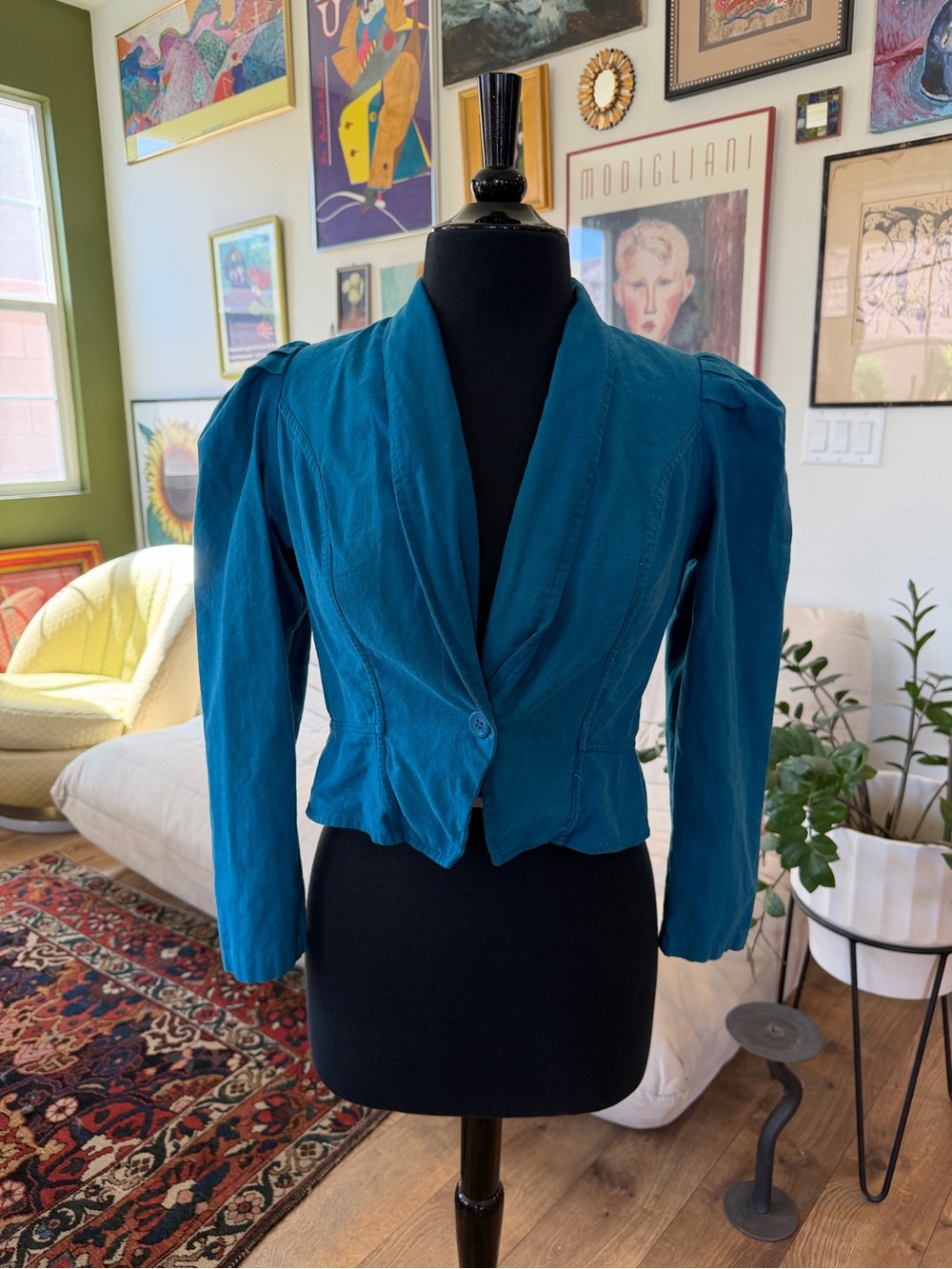 Vintage Teal Women's Cropped and Tailored Cotton Blazer- With Puff Shoulder